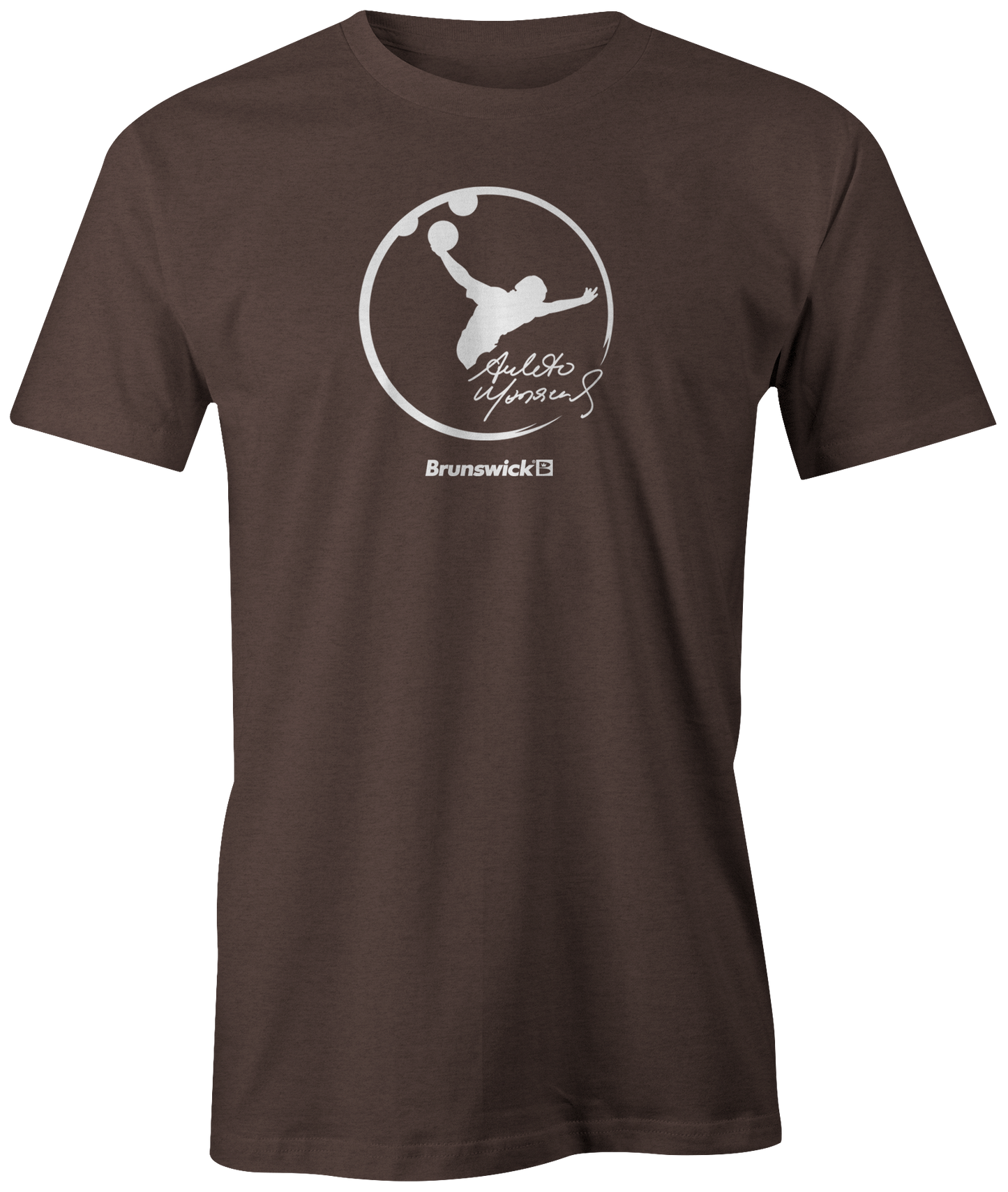 Amleto Monacelli Brown tee shirt Logo + Brunswick. Amleto is a Venezuelan professional bowler and a member of the Professional Bowlers Association. He has amassed 20 titles on the PBA Tour, making him one of only 17 players in history to accumulate at least 20 victories. #PBA #Bowling #PBALeague #AmletoMonacelli 