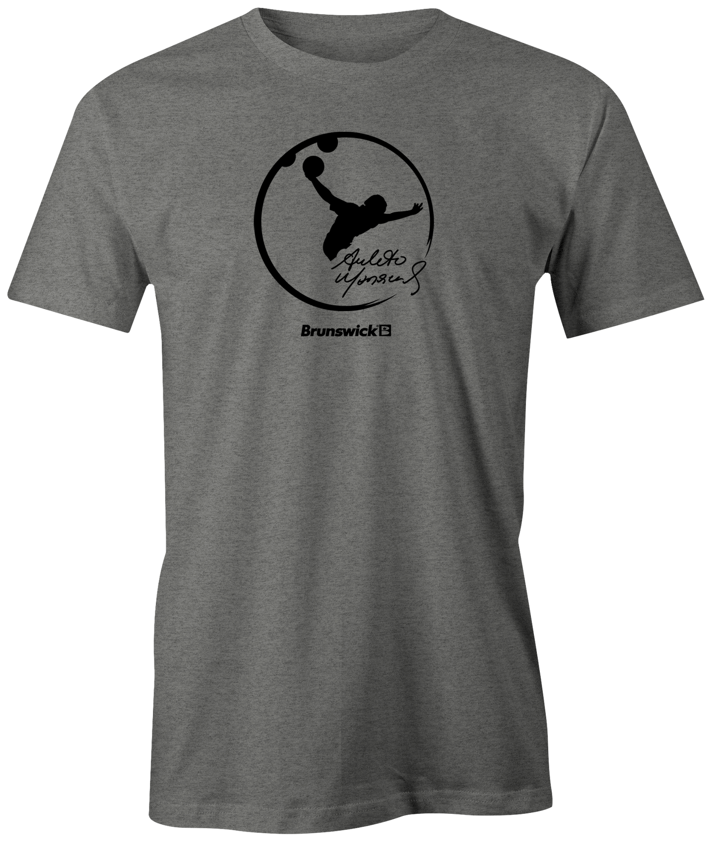 Amleto Monacelli DarkGrey
 tee shirt Logo + Brunswick. Amleto is a Venezuelan professional bowler and a member of the Professional Bowlers Association. He has amassed 20 titles on the PBA Tour, making him one of only 17 players in history to accumulate at least 20 victories. #PBA #Bowling #PBALeague #AmletoMonacelli 