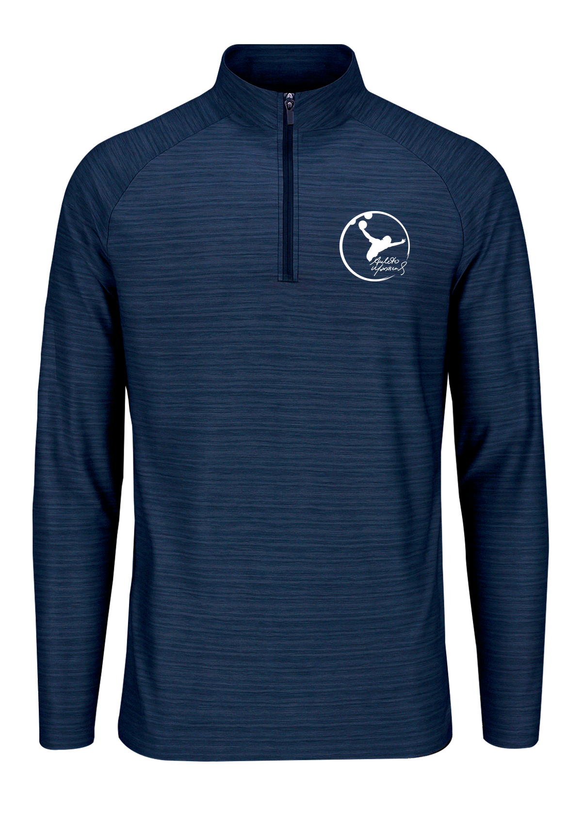 Navy Quarter Zip with Amleto Monacelli's Logo on white